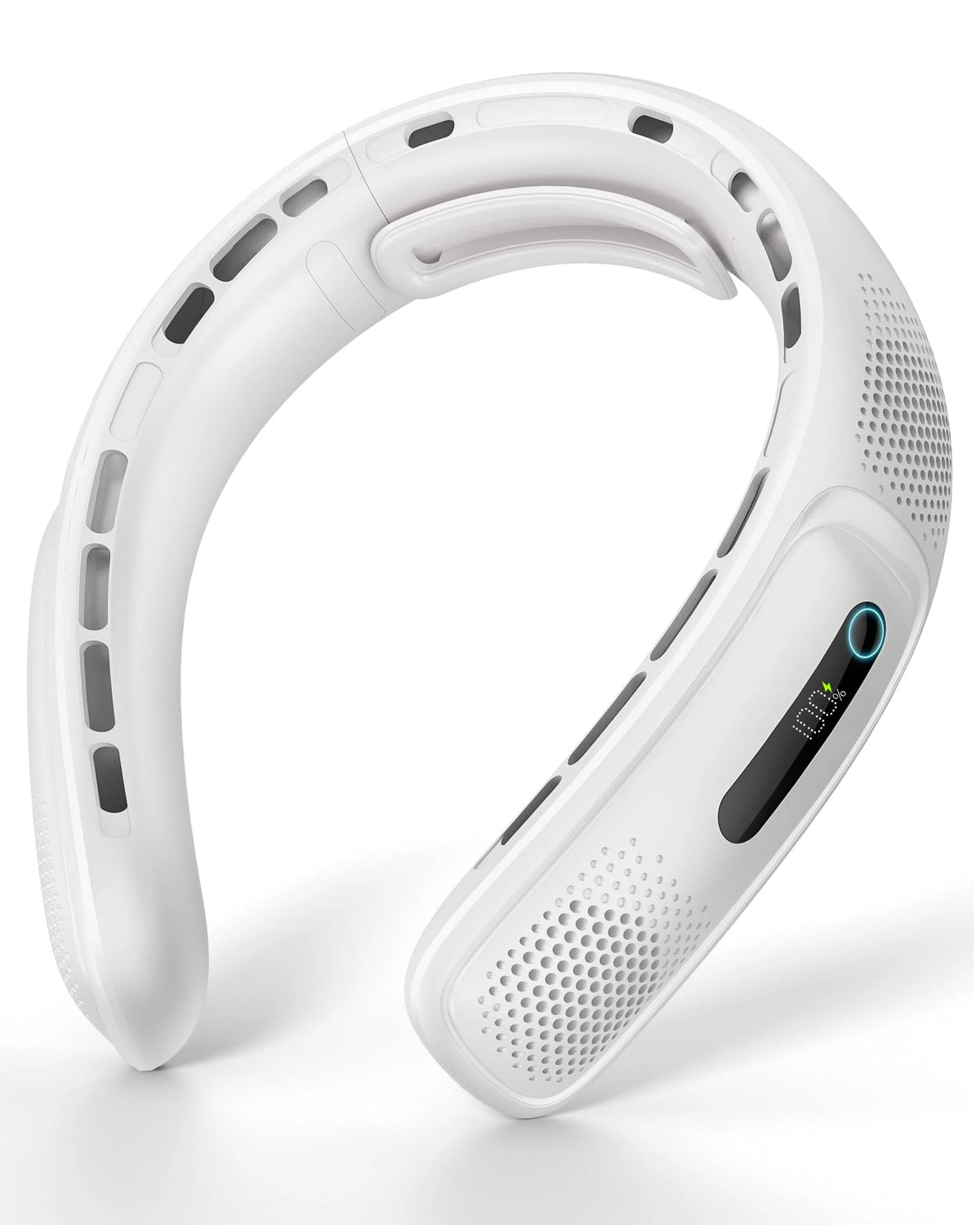 A white portable neck fan with a curved design and a digital display is shown from above.