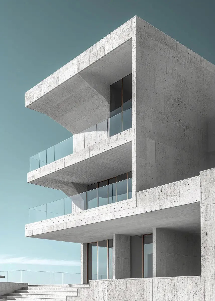 A modern, minimalist concrete building with stacked balconies and glass railings against a clear sky.