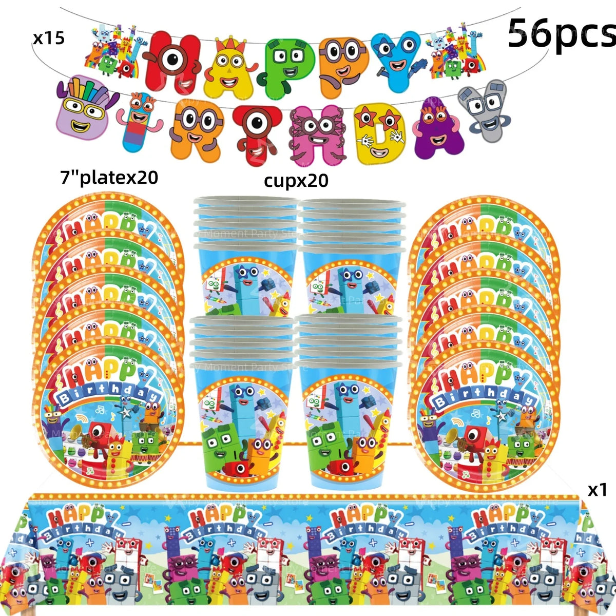 A set of colorful building block birthday party decorations including character figures and a banner.