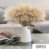 A dried pampas grass bouquet in a white ceramic vase displayed on a glass table.