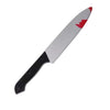 A realistic bloody knife prop with a white blade and red blood splatter on the edge.