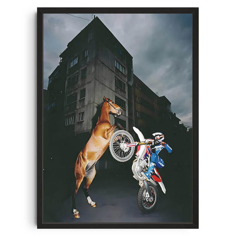 A dynamic photo of a brown horse and rider in action, captured against a dark urban building backdrop.