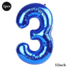 A shiny blue foil balloon shaped like the number 3, measuring 32 inches.