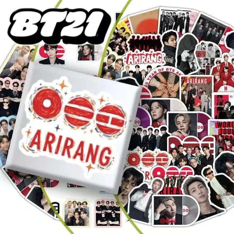 A pack of 51 BT21 graffiti waterproof stickers featuring the ARIRANG design.