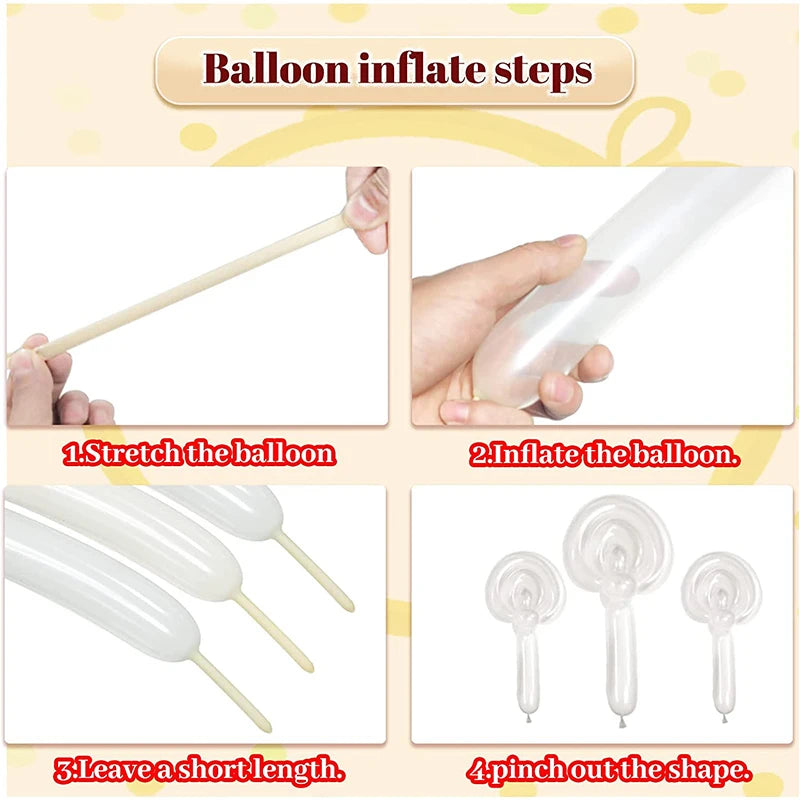 Steps showing how to inflate and shape a clear balloon for party decor