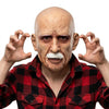 A realistic latex mask of an old man with white facial hair and wrinkled skin, wearing a red plaid shirt.