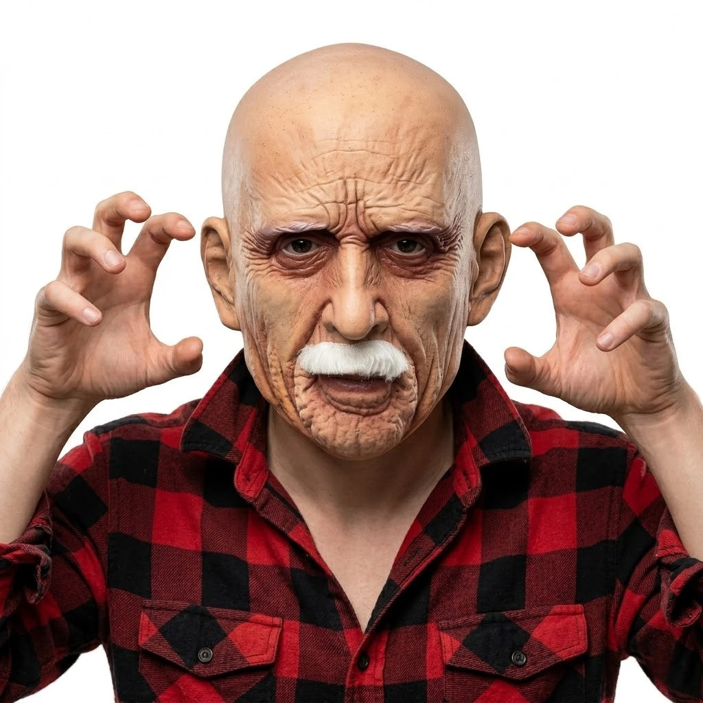 A realistic latex mask of an old man with white facial hair and wrinkled skin, wearing a red plaid shirt.