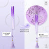 A purple folding fan with a tassel shown in two forms: portable staff and round fan.