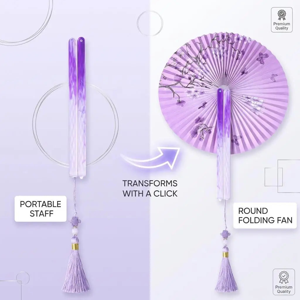 A purple folding fan with a tassel shown in two forms: portable staff and round fan.