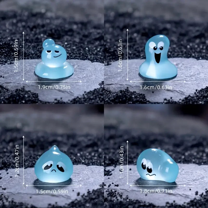 A set of eight glow-in-the-dark resin fairy water droplet figurines in various expressions and sizes.