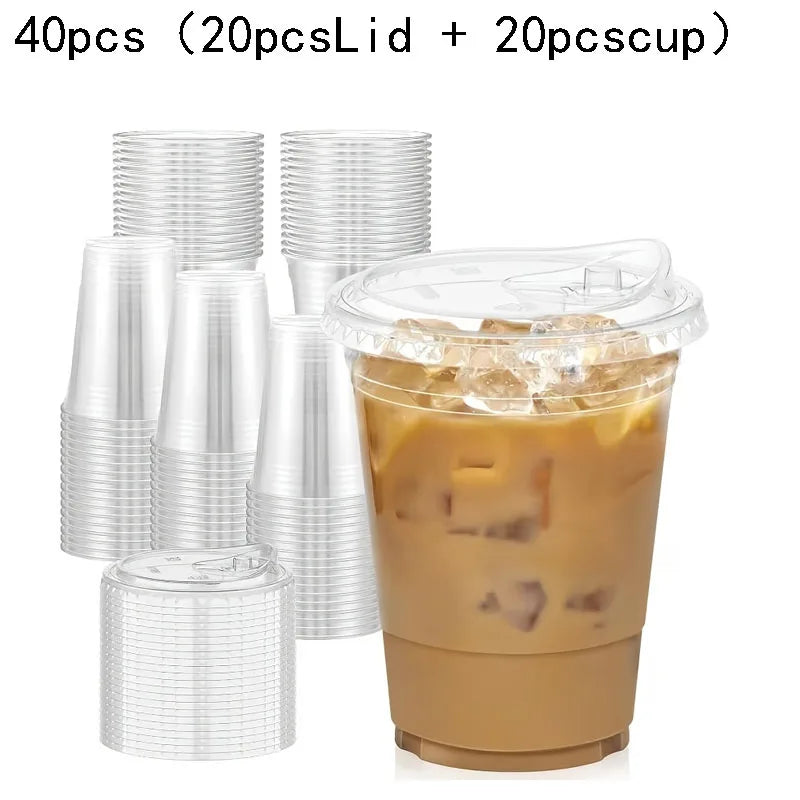 40 pieces of clear plastic disposable cups with lids for serving iced coffee or smoothies