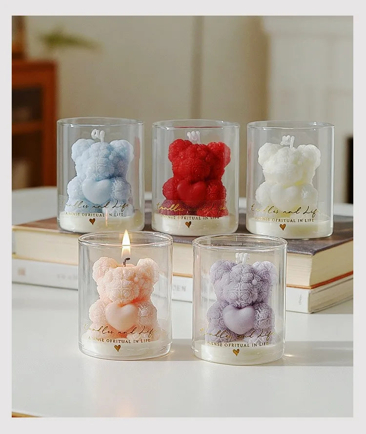 Rose Bear Scented Soy Wax Candle in Glass Cup