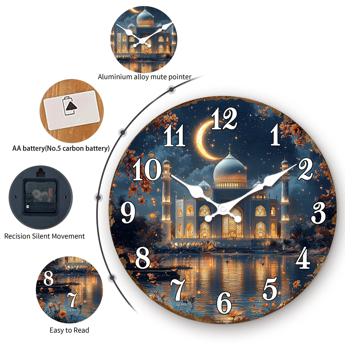 Horloge murale ronde avec croissant islamique et architecture détaillée, composants variés à proximité.