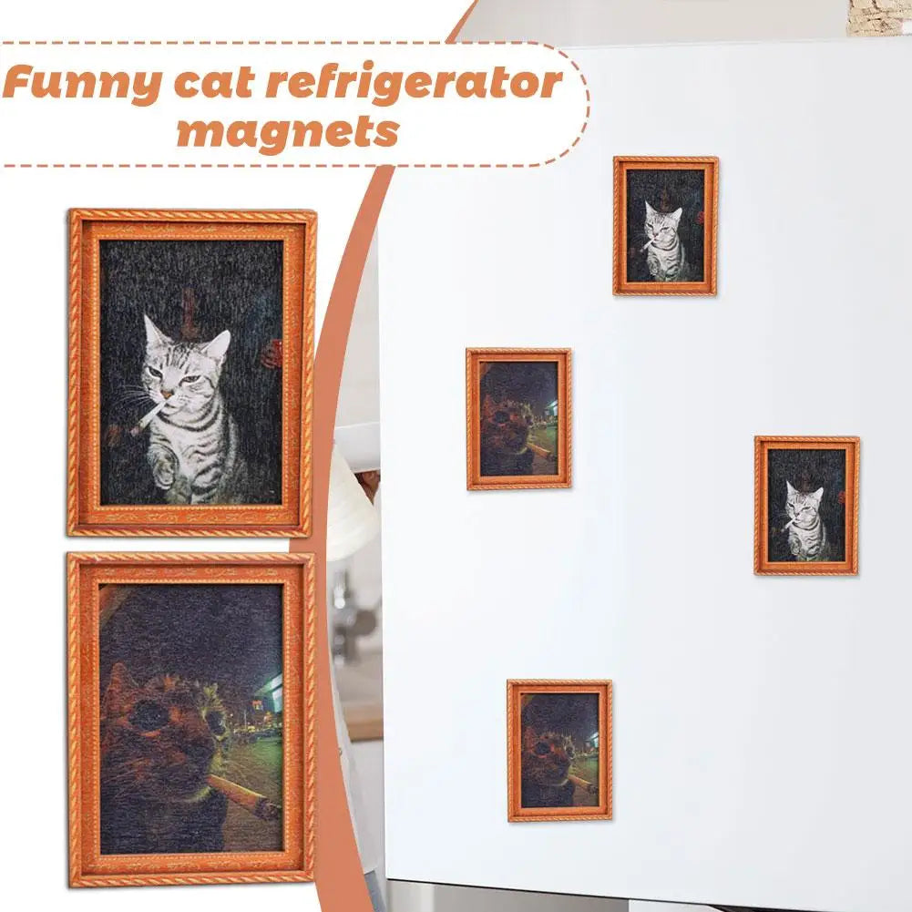 A collection of framed magnets featuring cats in various poses and settings on a white surface.