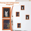 A collection of framed magnets featuring cats in various poses and settings on a white surface.