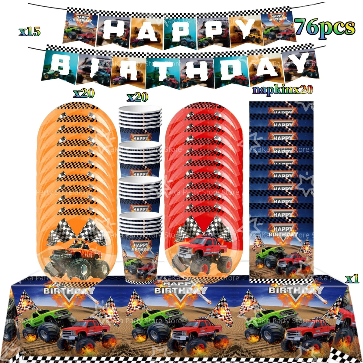 Monster truck birthday party decoration kit featuring a banner, plates, and a backdrop with toy trucks.