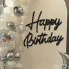 White and silver spherical mirror acrylic wall stickers arranged in a cluster next to black script reading Happy Birthday