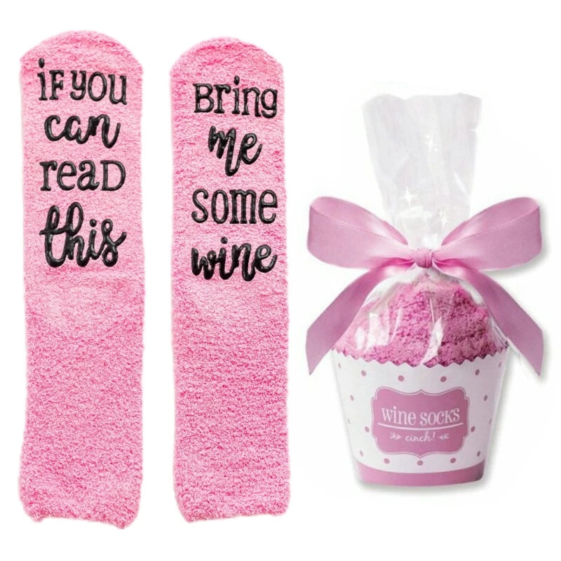 Pink plush slipper socks with funny wine quotes If you can read this Bring me some wine