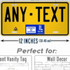 A yellow license plate sign with black text and an Israeli flag emblem, measuring 12 inches long.