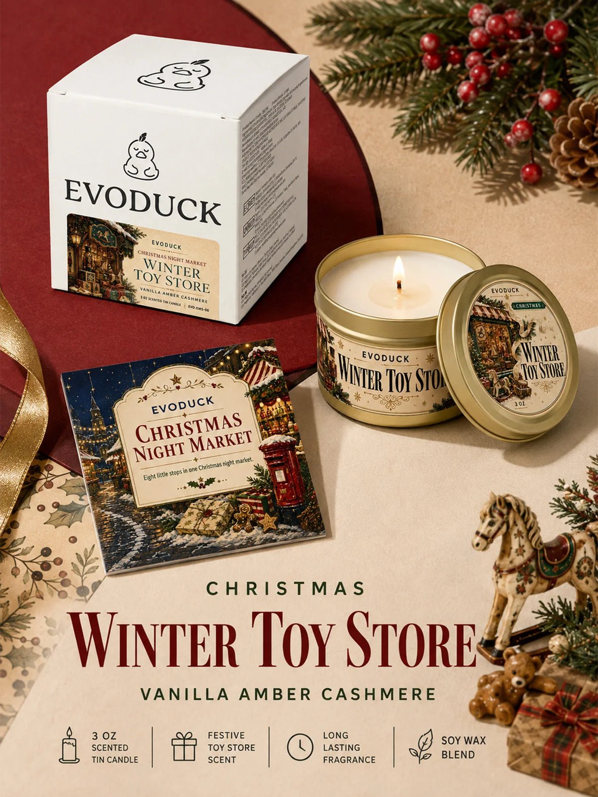 Evoduck Winter Toy Store Vanilla Amber Cashmere scented candle in a tin with a gift box and card