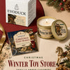 Evoduck Winter Toy Store Vanilla Amber Cashmere scented candle in a tin with a gift box and card