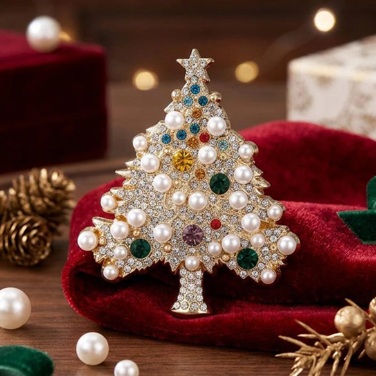 A sparkling rhinestone Christmas tree brooch pin displayed on a red velvet fabric with gold and green accents.