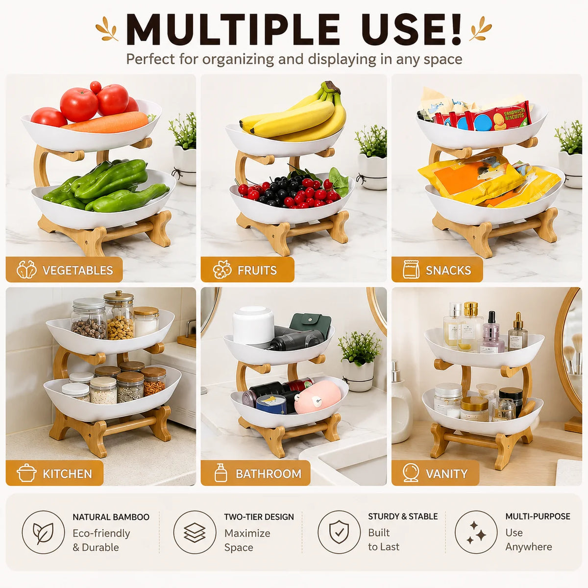 A set of multi-use bamboo and plastic fruit basket stands for organizing and displaying various foods like vegetables, fruits