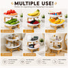 A set of multi-use bamboo and plastic fruit basket stands for organizing and displaying various foods like vegetables, fruits