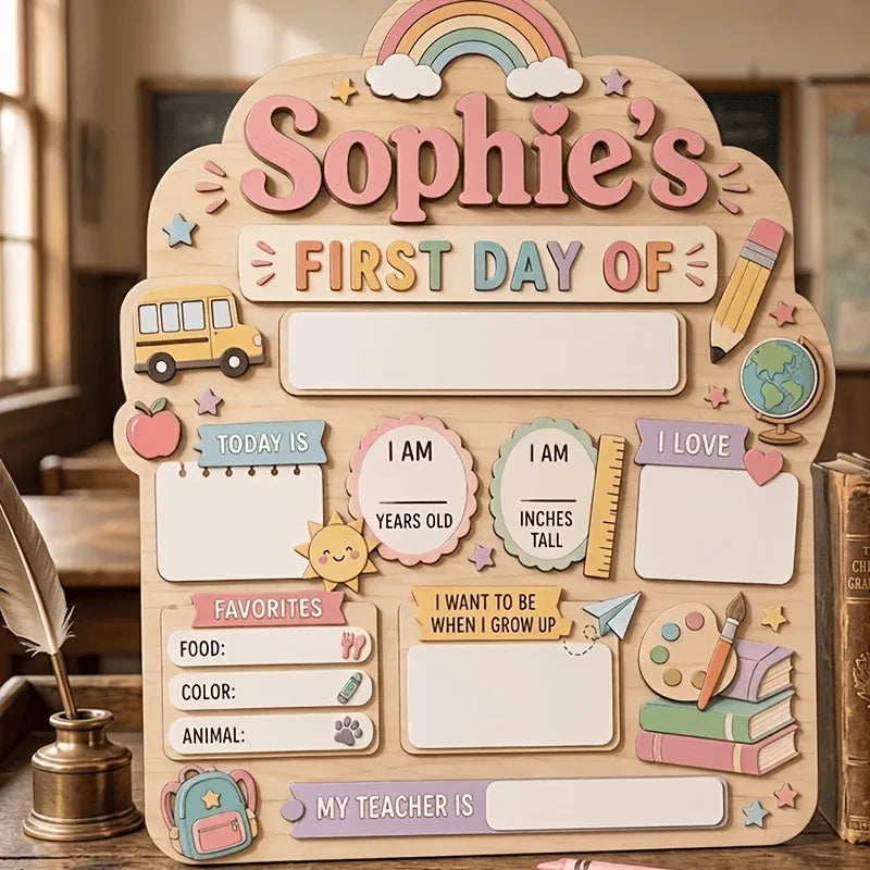 A personalized wooden sign for a child's first day of school featuring illustrations like a school bus, crayons, and various 
