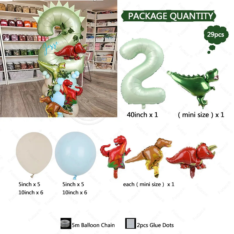 Set aus grünen und roten Dinosaurierballons, darunter ein großes Ziffer 2 und Mini-Ballons.