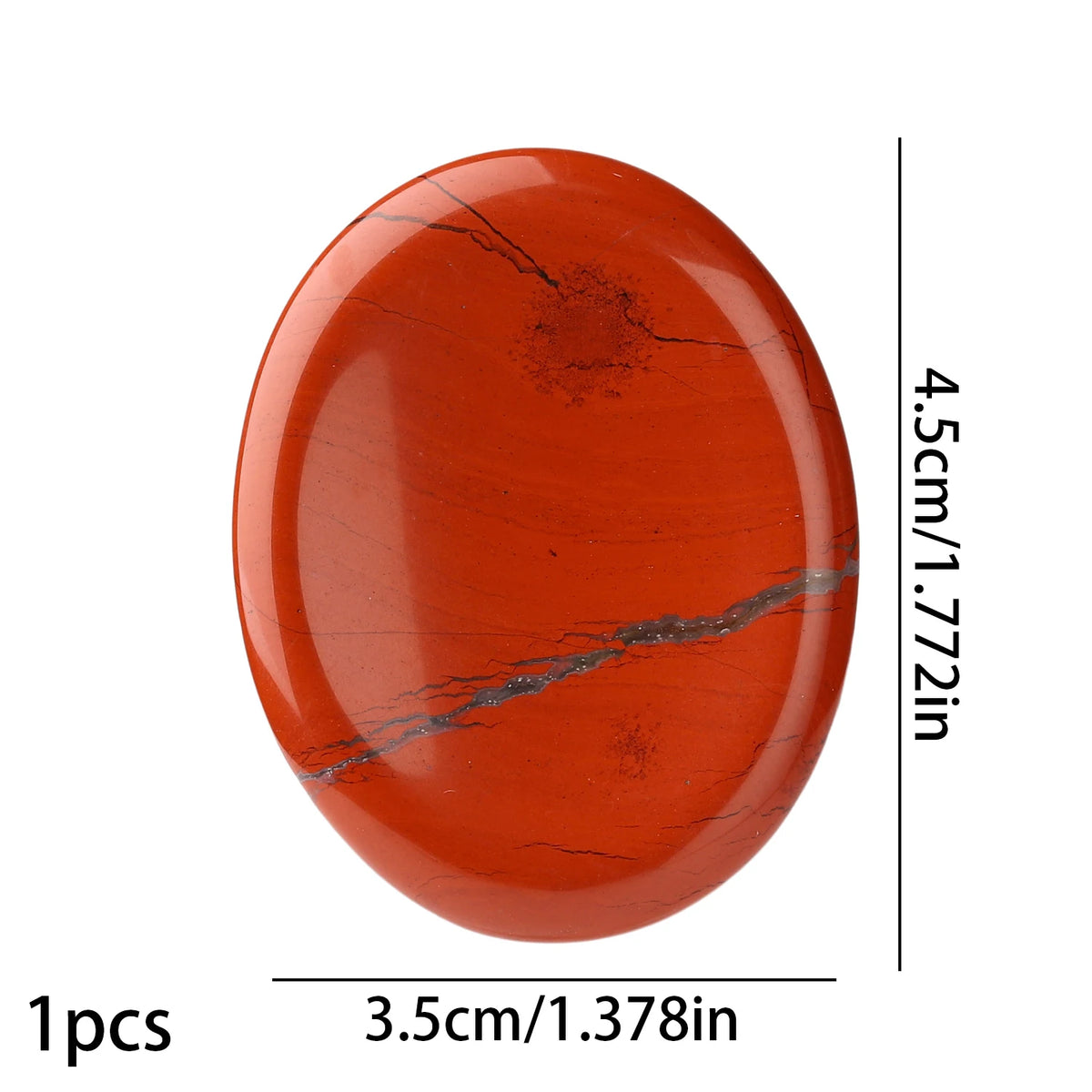 A polished, oval piece of reddish-orange natural stone with gray veining.