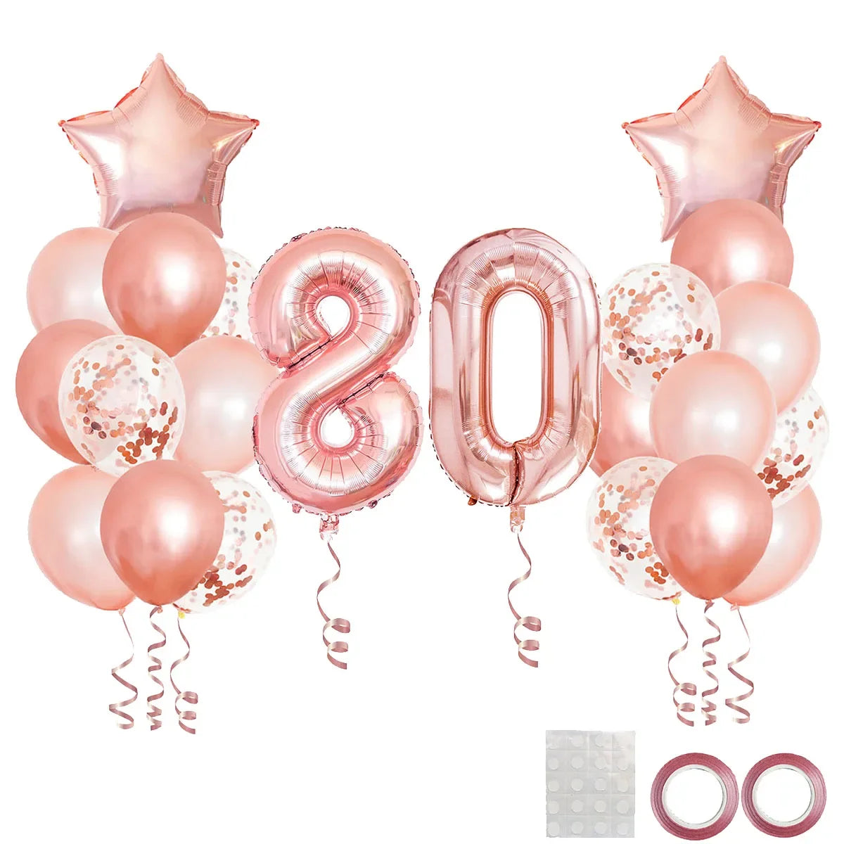 A collection of rose gold foil balloons including star shapes, numbers, and round balloons for birthday party decor.