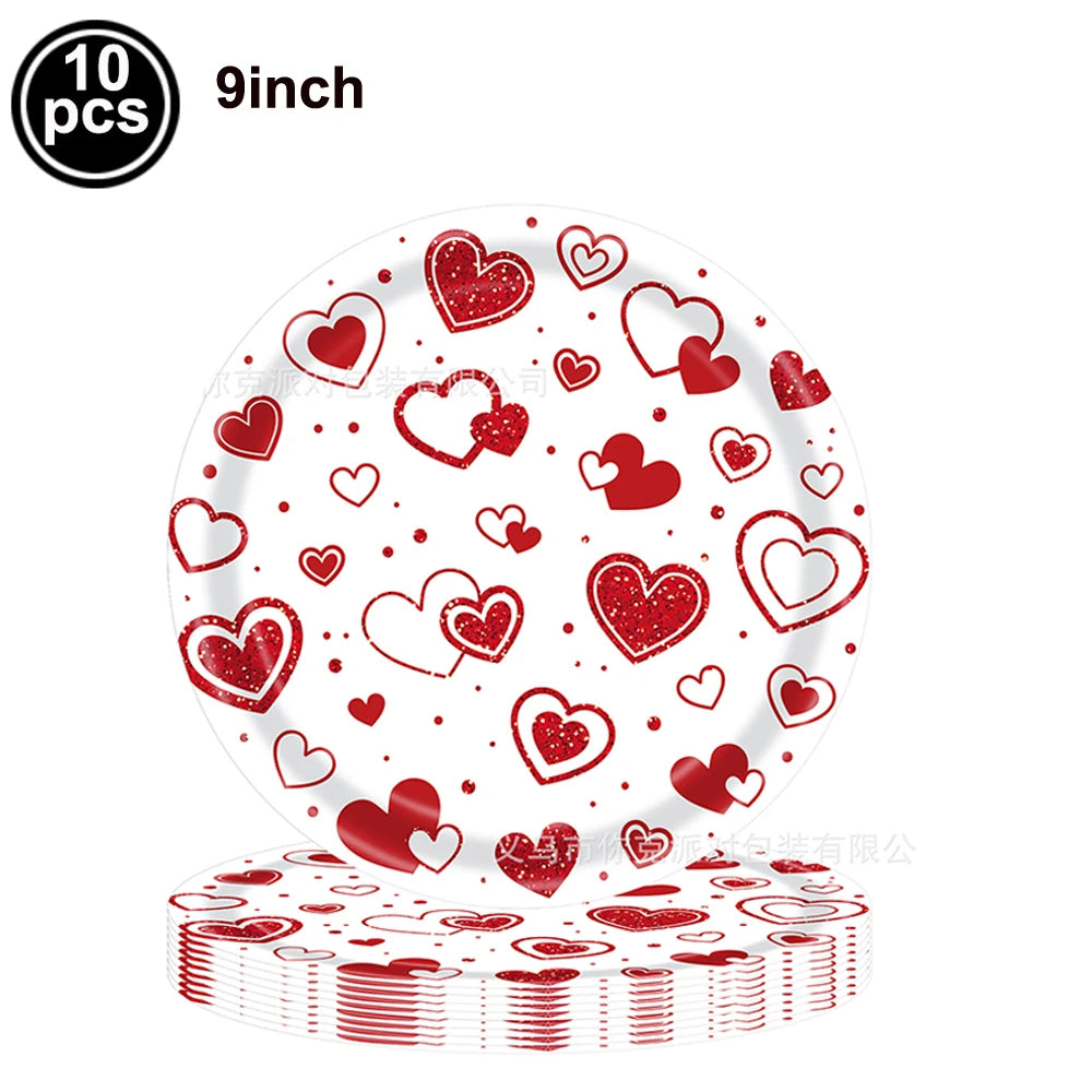 A set of 10 red heart letter balloons with a foil finish displayed on a circular plate.