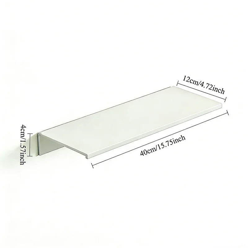 A white aluminum floating wall shelf measuring 40cm long and 1.57 inches wide.