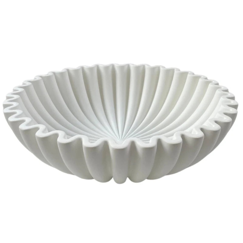 White modern ruffle scalloped decorative bowl with fluted texture