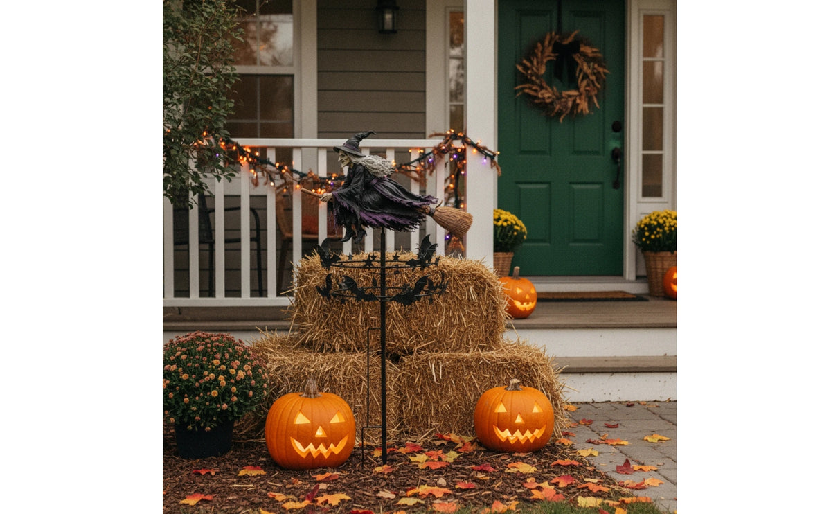 A decorative witch wind rotor with a wreath hanging on a porch decorated for Halloween.