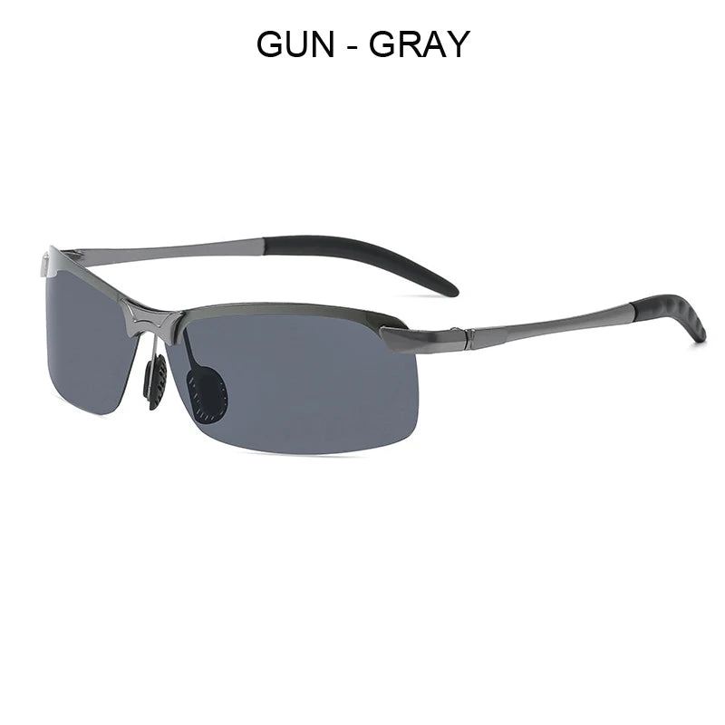 Gray gun-style sunglasses with an alloy frame shown against a white background.