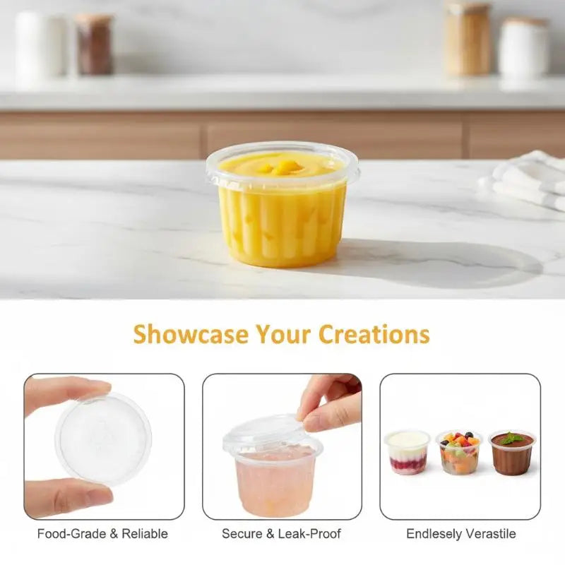 Clear disposable dessert cups with lids shown on a white surface, highlighting their secure and leak-proof design.