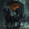 A dark, moody painting of a horse-drawn carriage in a misty forest setting.
