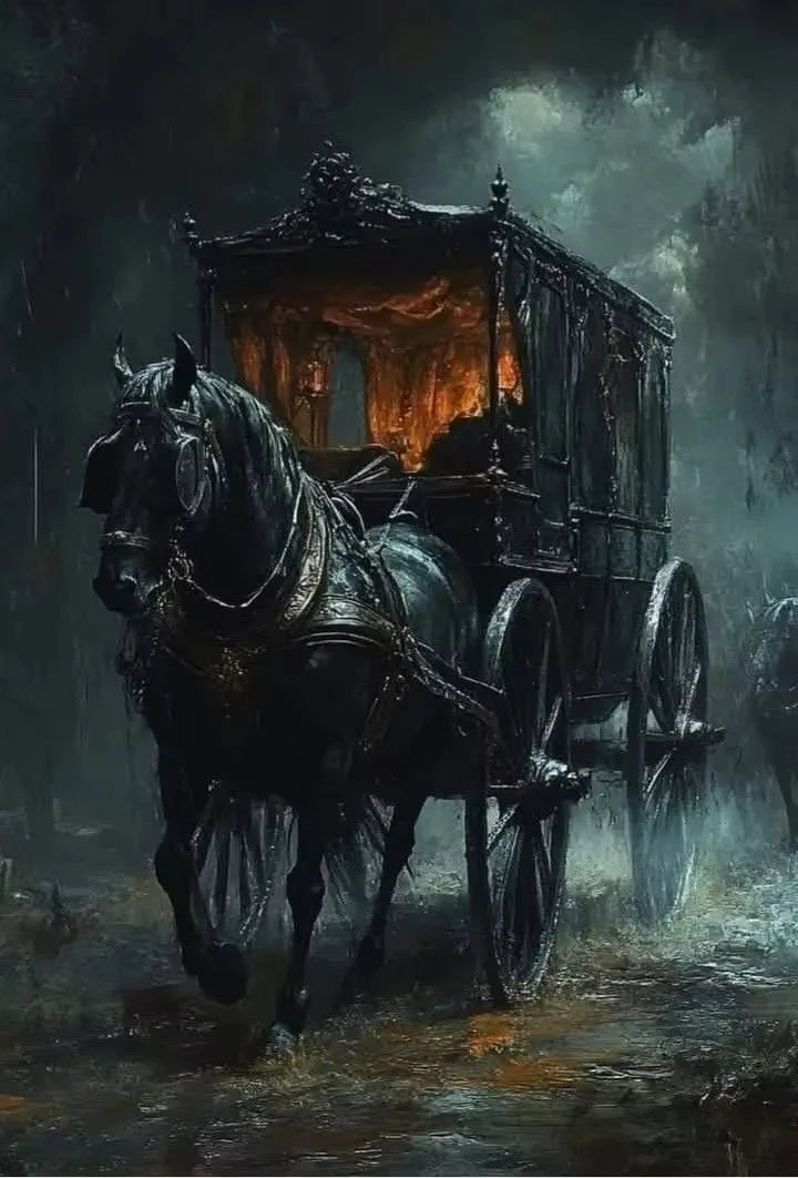 A dark, moody painting of a horse-drawn carriage in a misty forest setting.