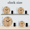 A wooden wall clock showing the clock size and various angles of a wood grain clock face.