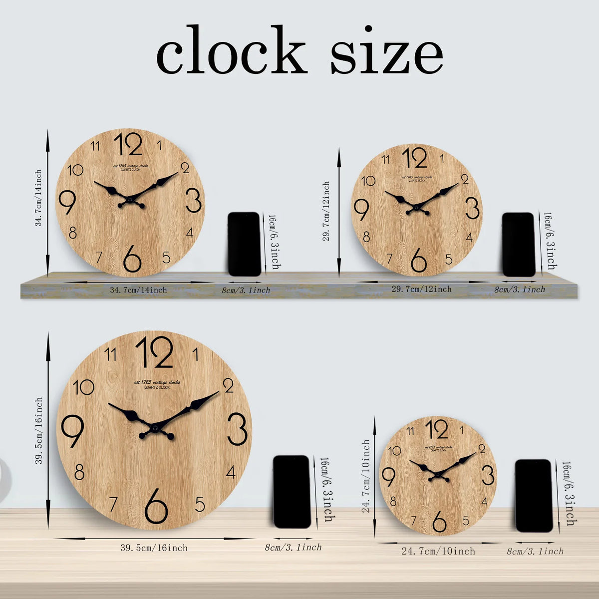 A wooden wall clock showing the clock size and various angles of a wood grain clock face.
