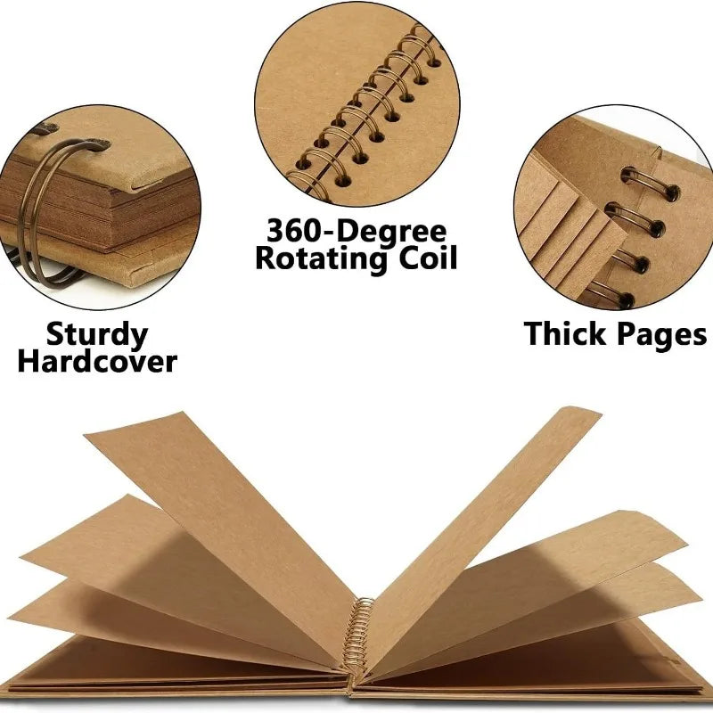 A brown DIY scrapbook photo album with a sturdy hardcover and thick pages, showing the spiral binding.