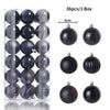 A box containing 36 festive Christmas tree ornament balls in various sizes and finishes.