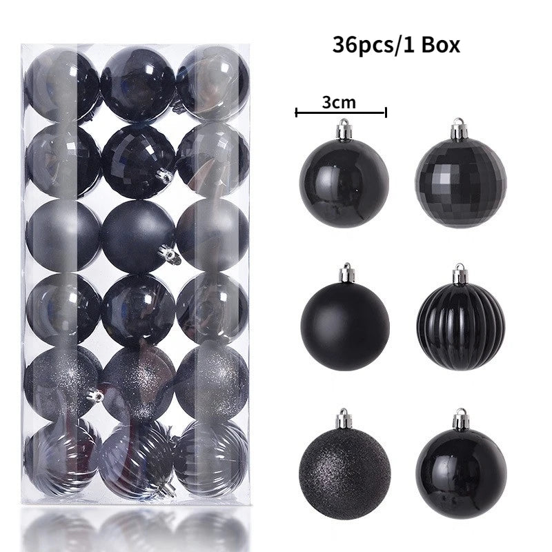A box containing 36 festive Christmas tree ornament balls in various sizes and finishes.