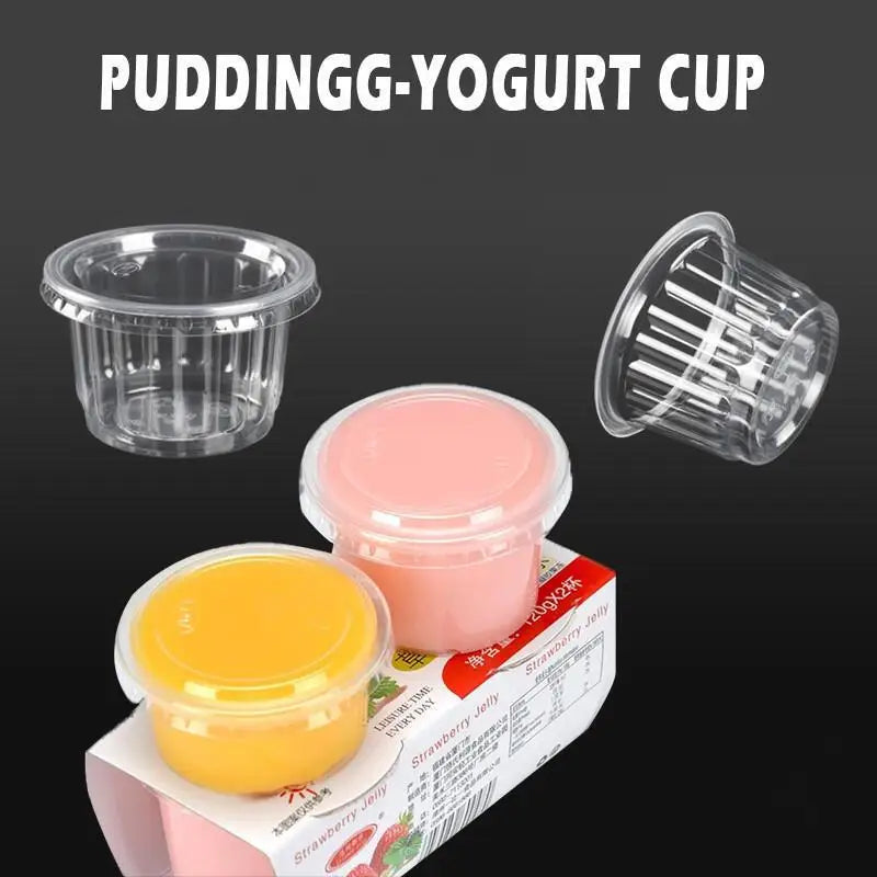 A collection of clear disposable dessert cups and lids containing strawberry jelly is displayed on a box.