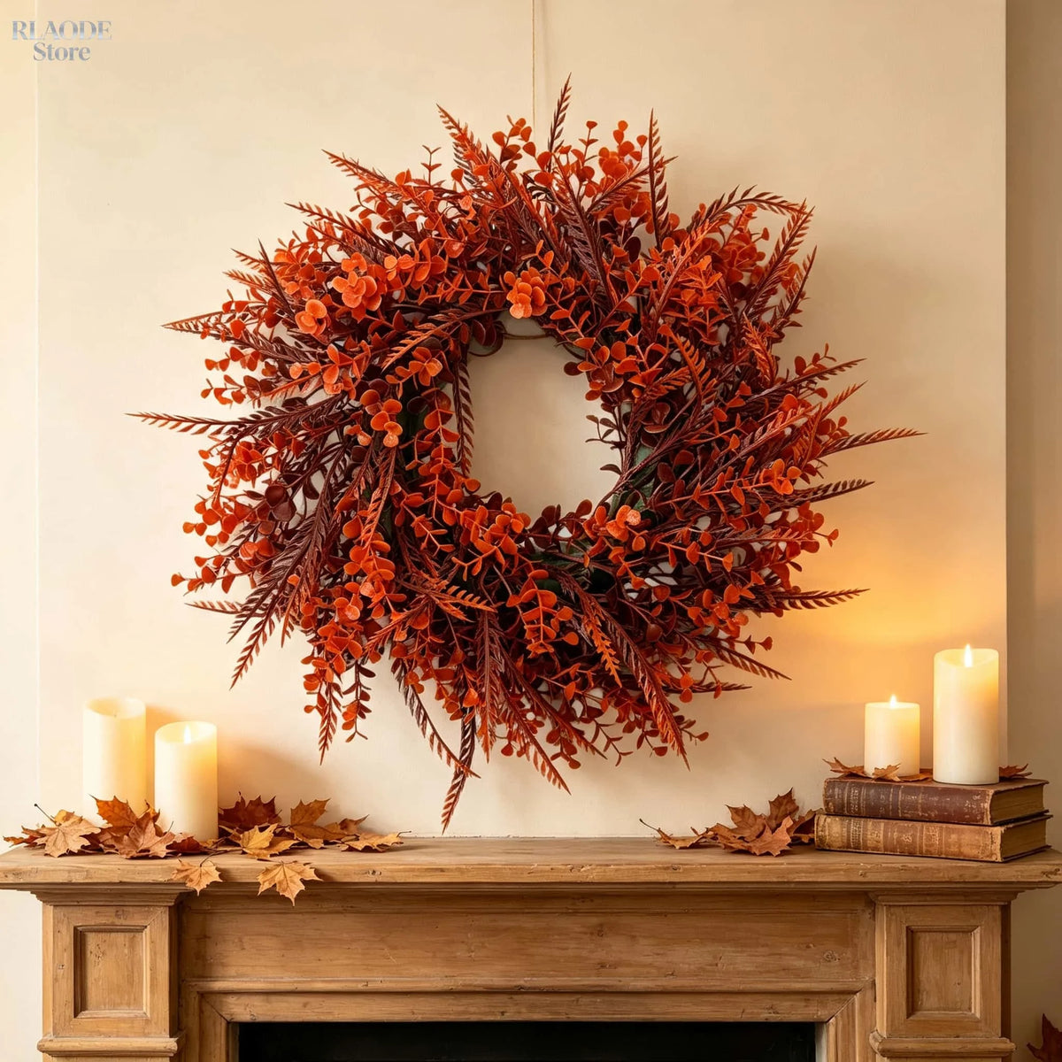 A large, dense wreath of reddish-brown artificial eucalyptus leaves displayed on a wooden mantelpiece.