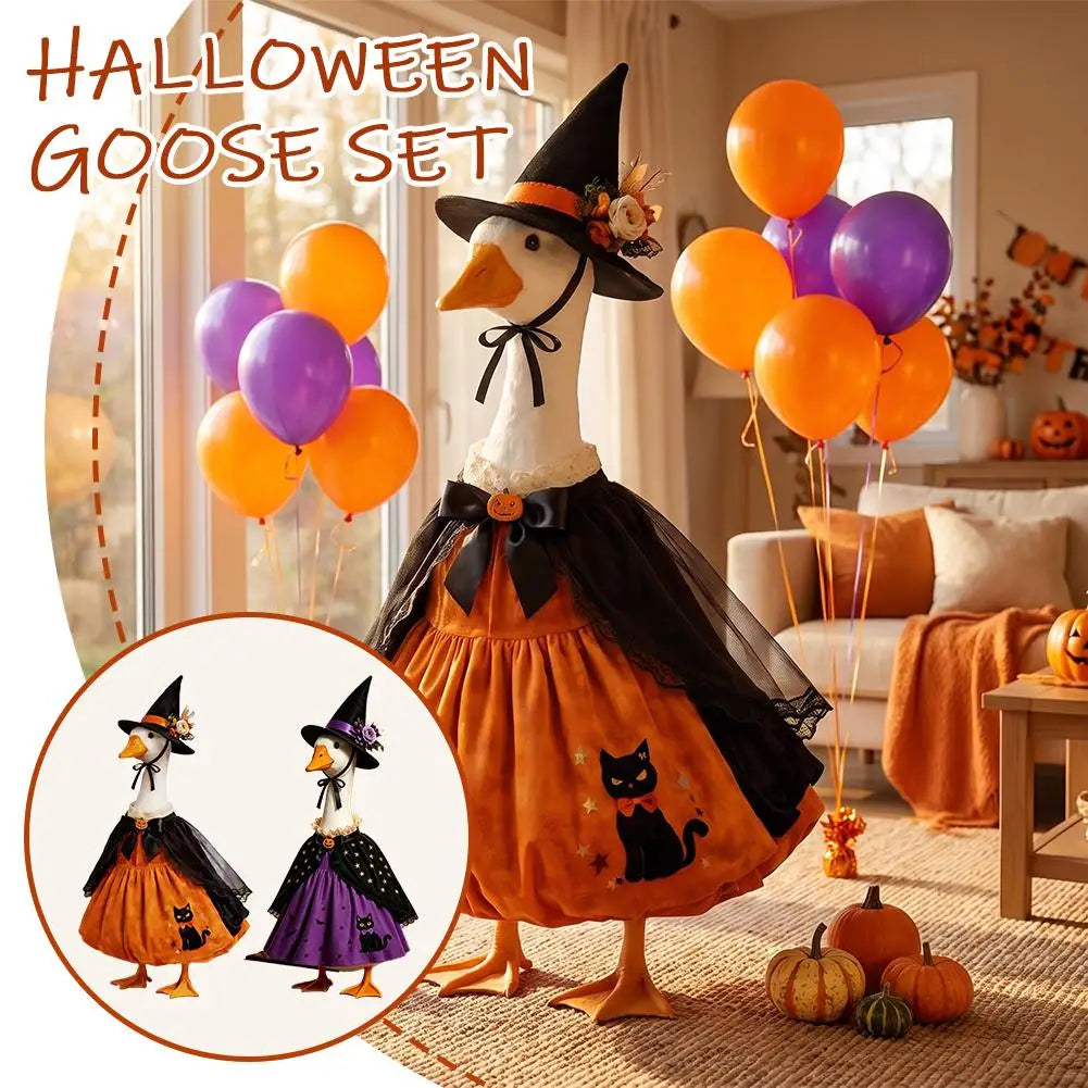 A Halloween goose costume set featuring a witch outfit with a hat and cape, displayed next to balloons and pumpkins.