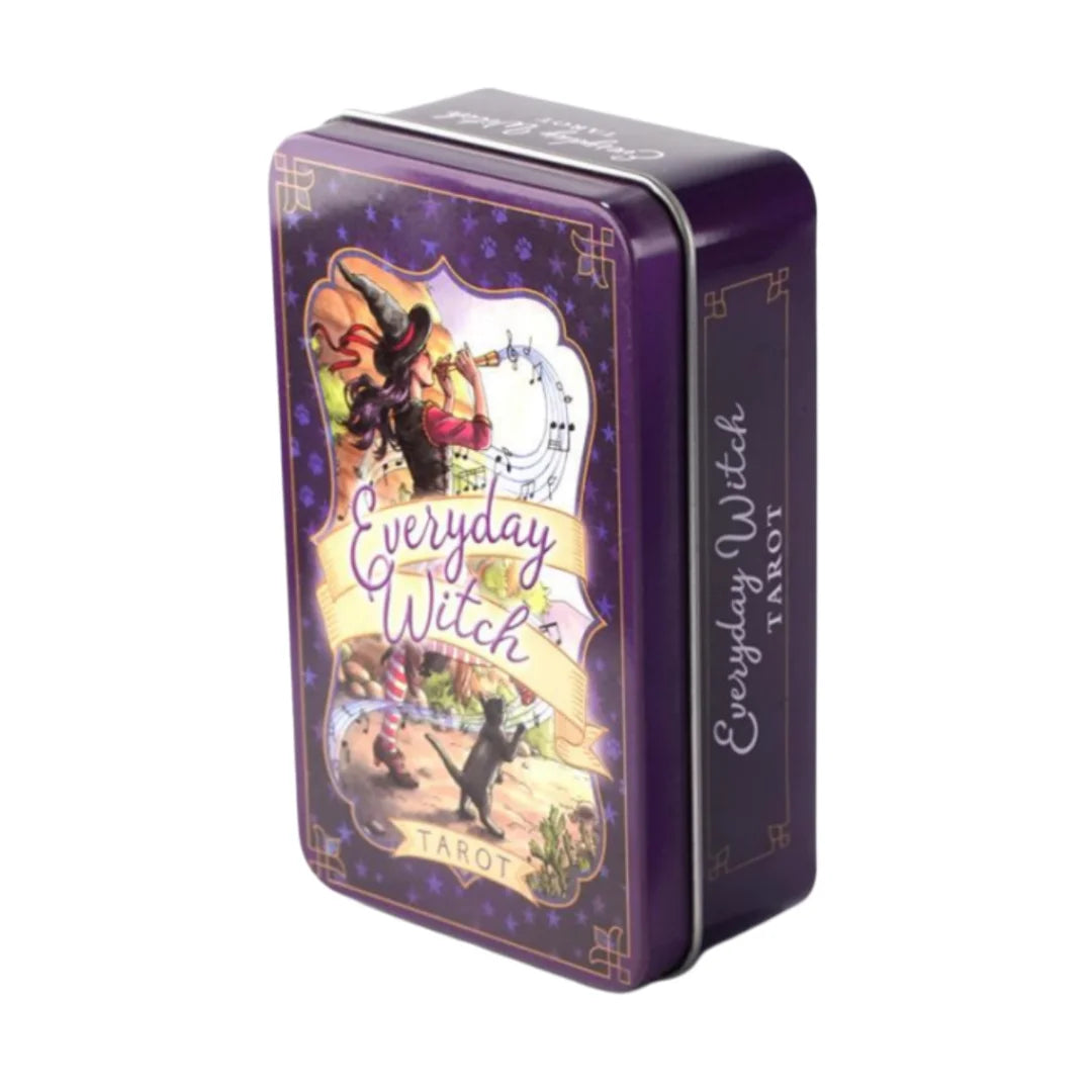 A purple metal tin box for a Vintage Art Tarot Oracle Card Deck with metal tin.