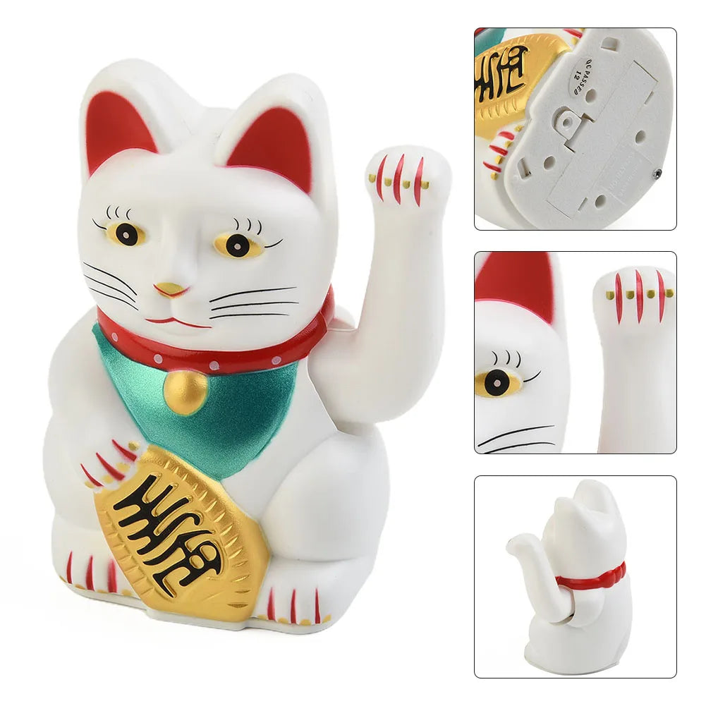 A white electric waving lucky cat figurine with red ears and a gold coin detail.